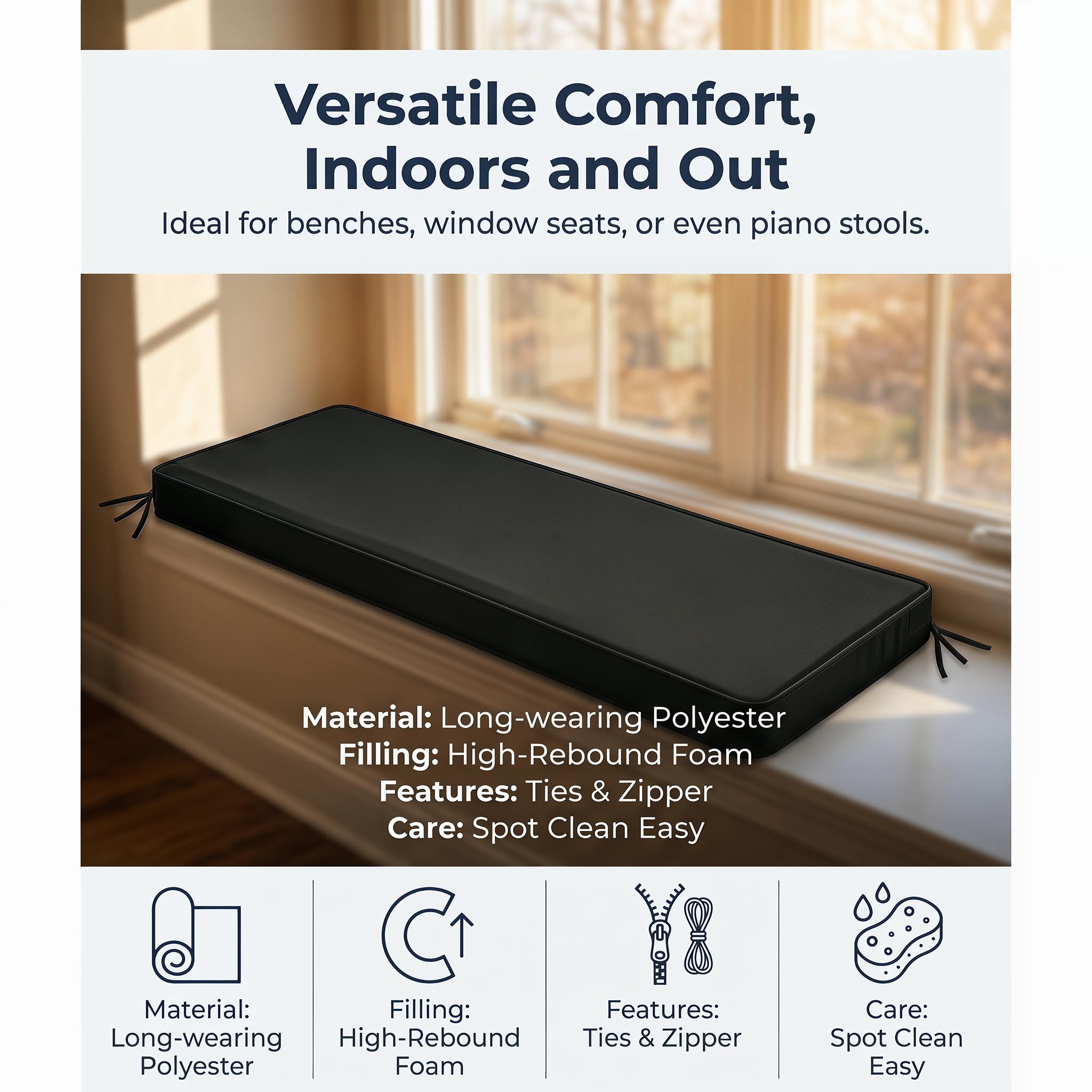 Cojín para Banco de Exterior Impermeable para Muebles de Patio Cojín Antideslizante con Funda Extraíble para Columpio de Jardín Sofá de Porche O Terraza