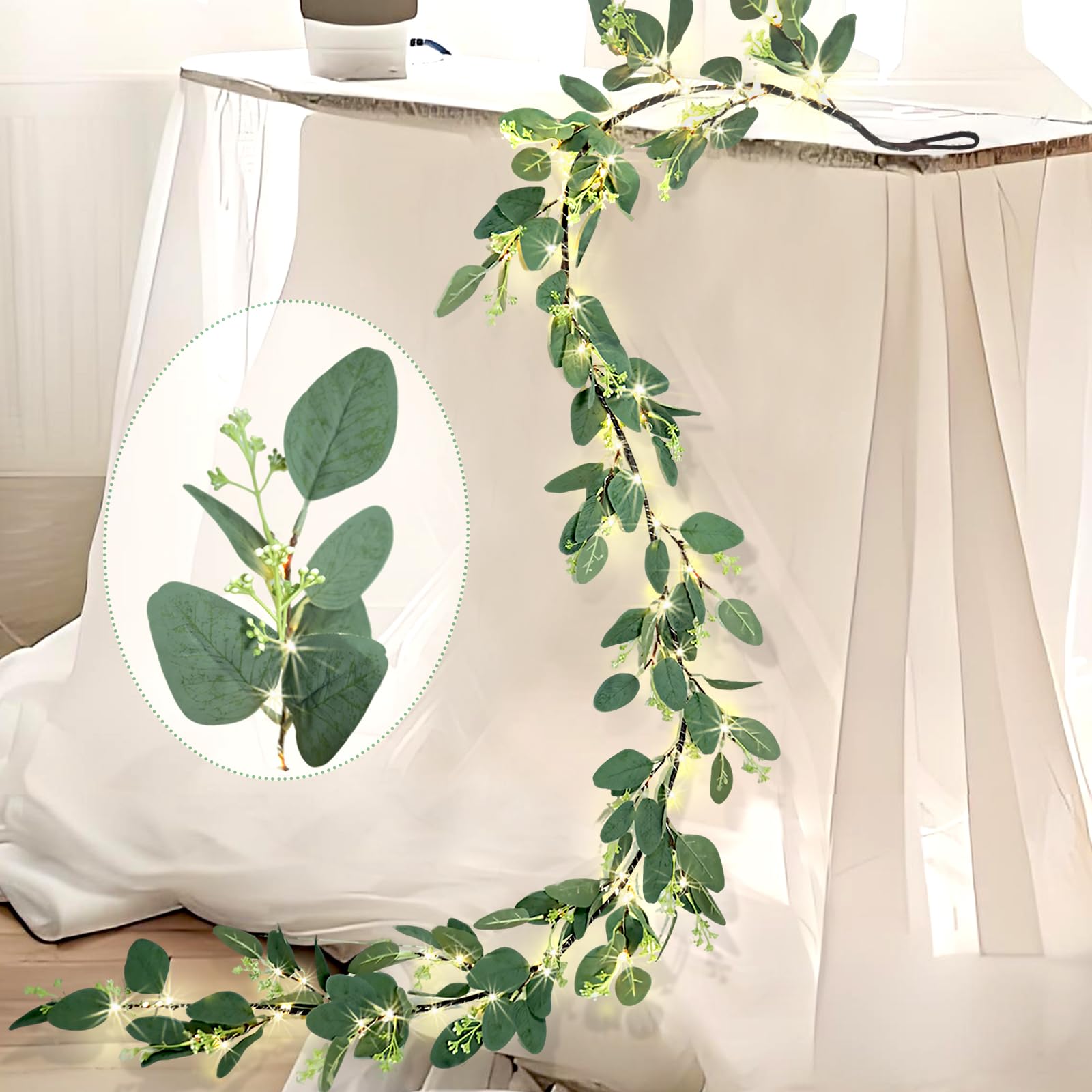 6FT Eucalyptus Garland with Lights, 96 LED Artificial Silver Dollar Eucalyptus Vine with Flowers, 8 Modes Timer Battery Operated Lighted Greenery Garland for Wall Bedroom Wedding Farmhouse Home Decor