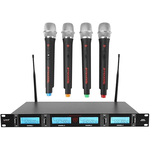 Rockville RWM4401UH Quad UHF Wireless Handheld Microphone System with LCD Display, Low Distortion, Long Range, for Live Performances and Events