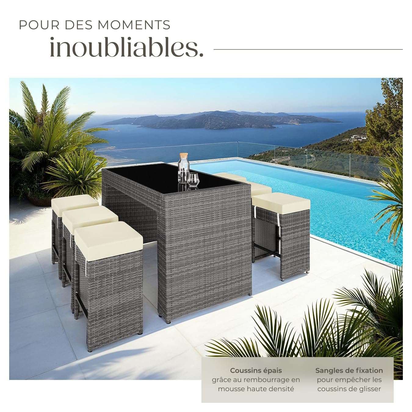 tectake® Ensemble de Bar Extérieur en Résine Tressée, Structure en Aluminium - Salon de Jardin 6 Places avec Table, 6 Chaises Encastrables et Coussins Inclus - Mobilier pour Amenagement Balcon