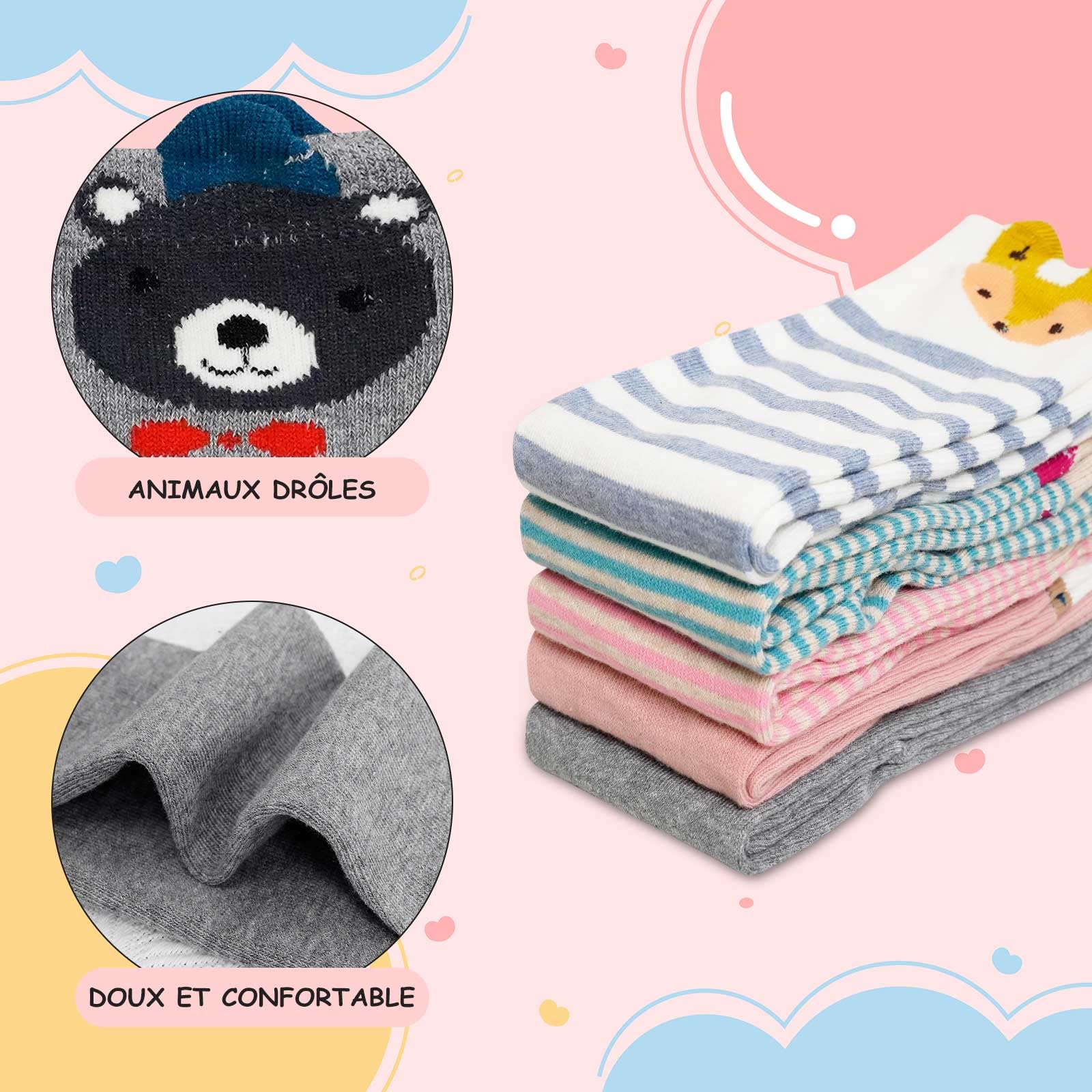 LOFIR Chaussettes Hautes Fille Enfant: Chaussettes Longues en Coton Sans Couture pour Filles - Chaussettes Montantes au Genou avec Kawaii Fantaisie Animaux Chat pour Cadeau 5 Paires Taille 23-38
