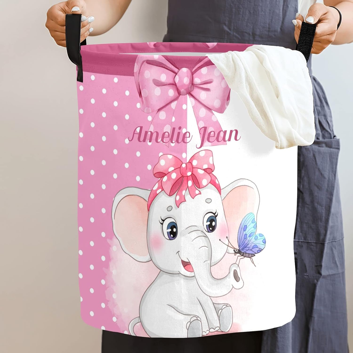 Polka Dots Bow Pink Elephant Storage Bin, Waterproof Oxford Fabric Clothes Basket Organizer for Laundry Hamper,Toy Bins,Gift Baskets, Bedroom, Clothes,Baby Nursery