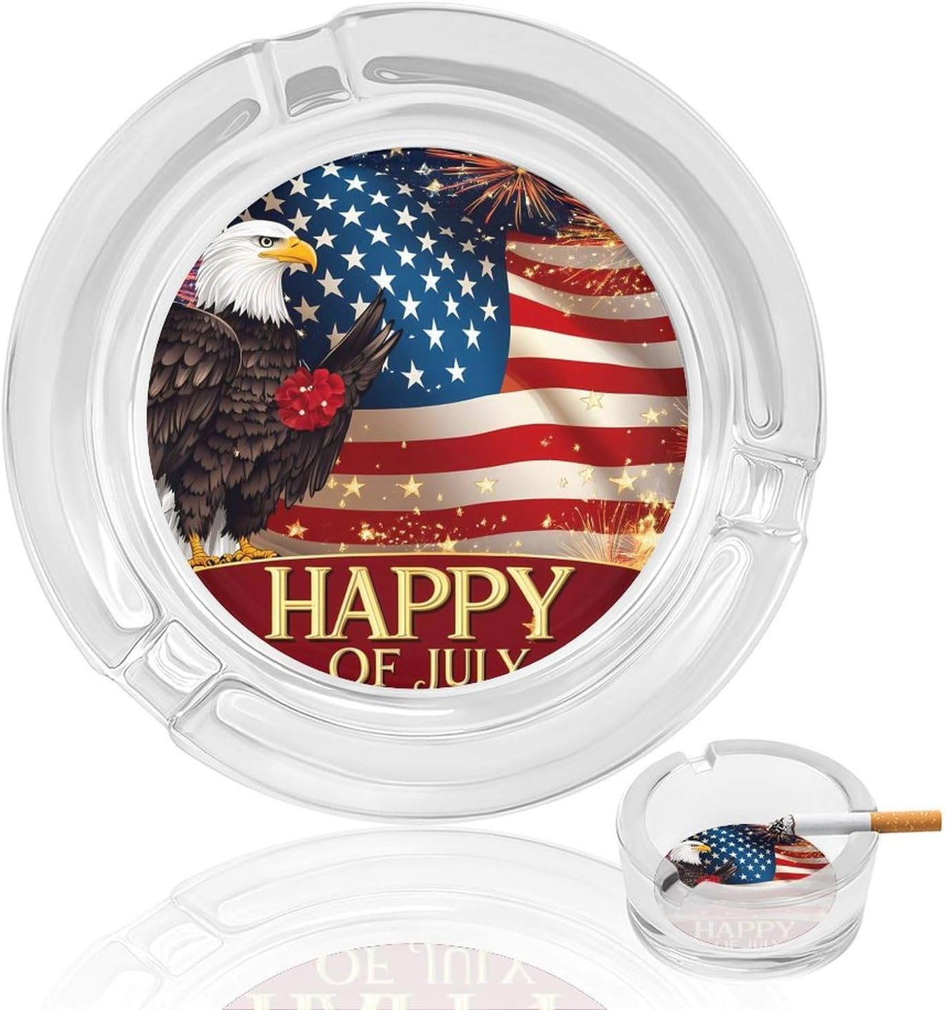 Fireworks Fourth of July U.S. Flag Round Glass Ashtray for Cigarettes Cigar Ash Tray Holder for Home Office Outdoor