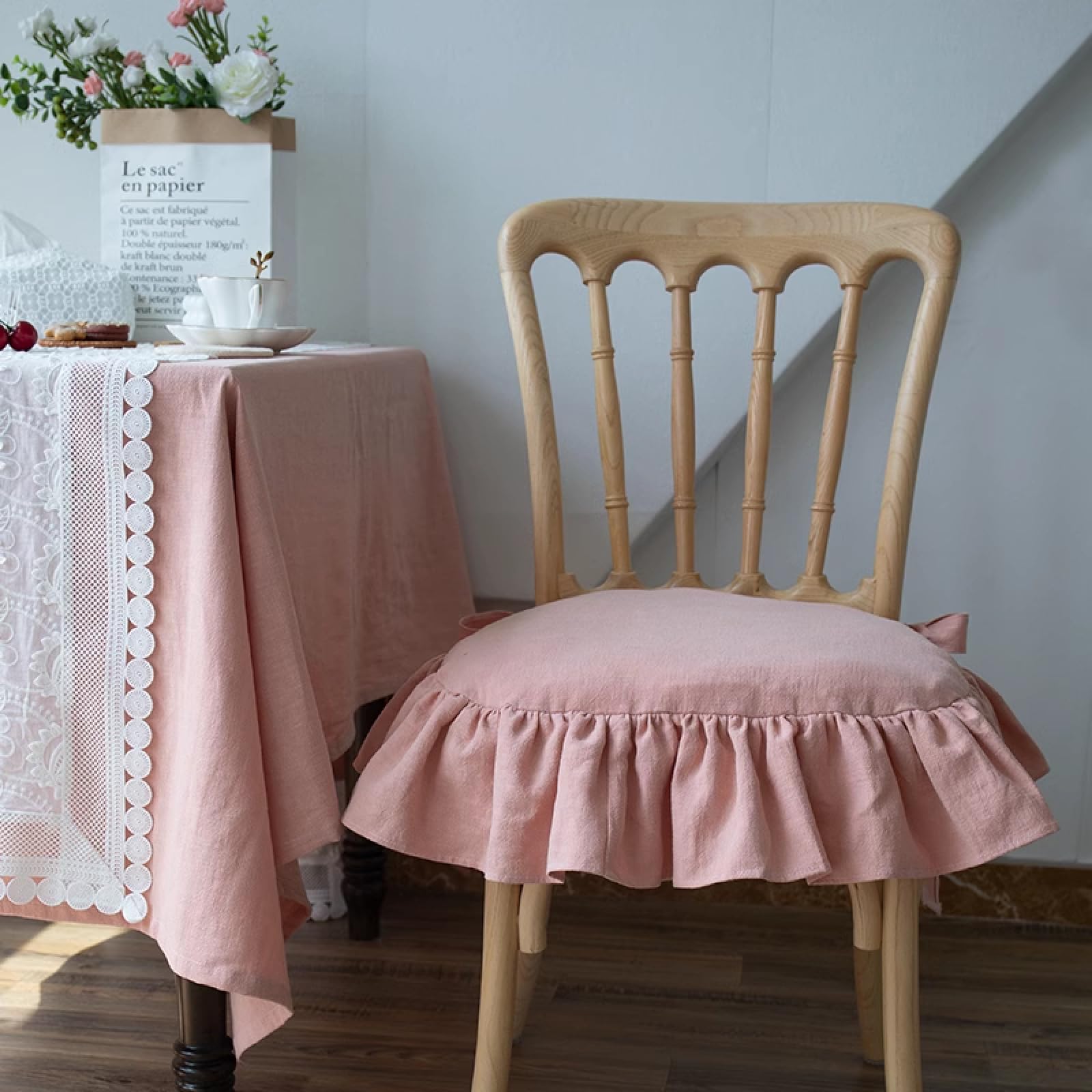 FAANAS Ruffled Chair Cushion for Dining Chair with Ties, Durable Flax Linen Chair Pads Vintage Farmhouse Country Cottage Seat Cushion(16x17 Inch, Pink)