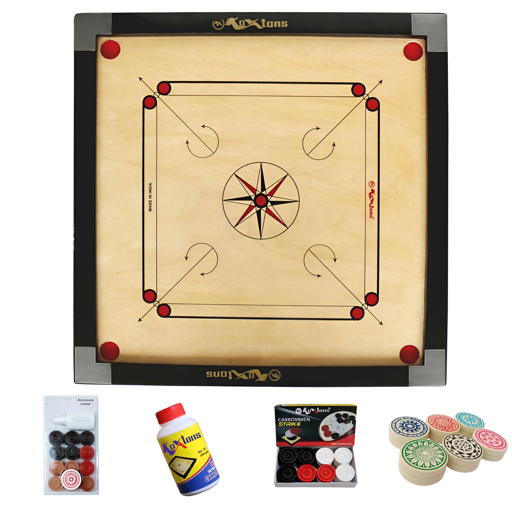 KOXTONS - Carrom Board 32 INCH Full Size with 1.5" Border (Premium) with STRICKER & Accessories