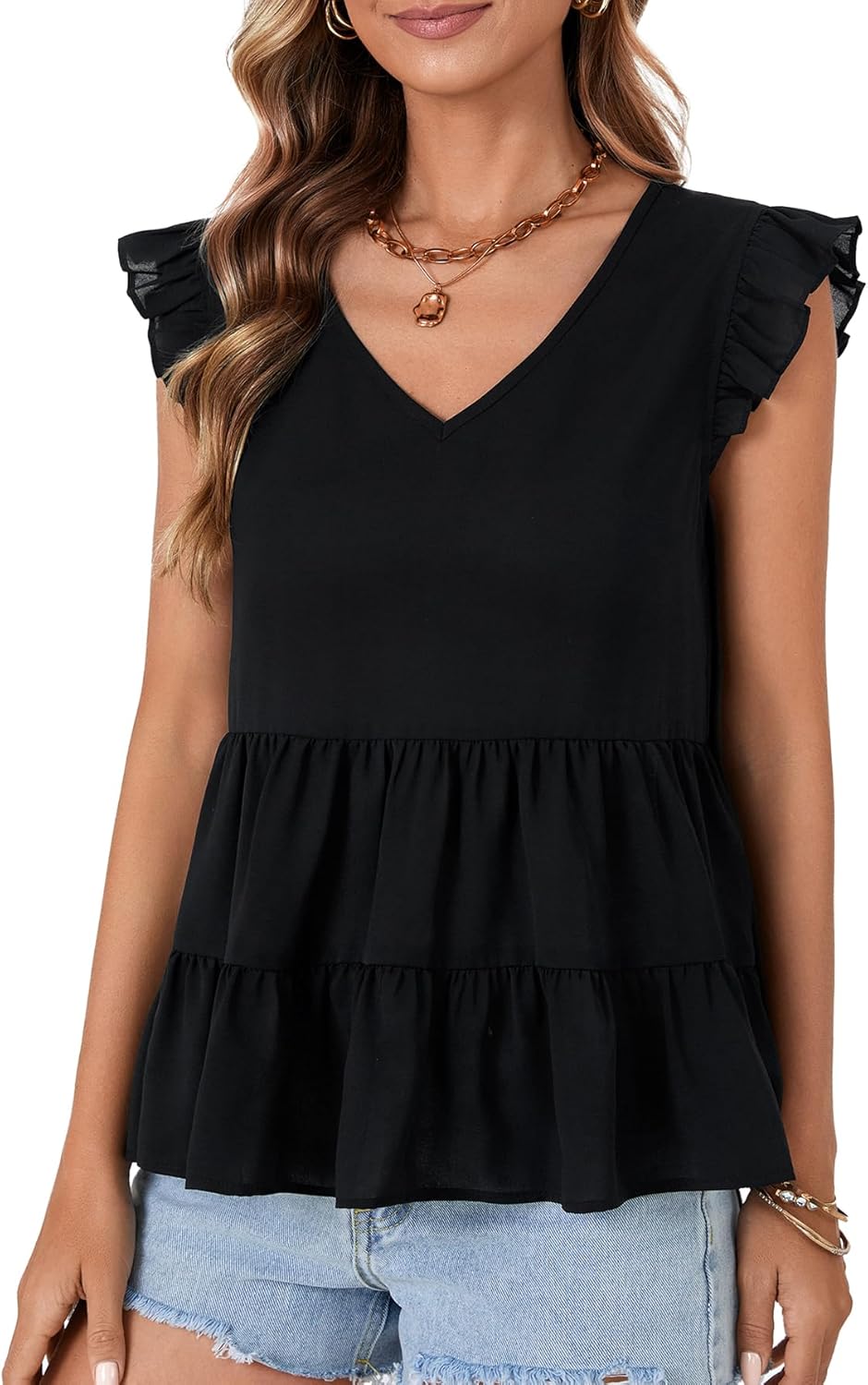 OPOIPIN Women's Casual V Neck Babydoll Tank Top Sleeveless Ruffle Hem Peplum Shirt - Image 3
