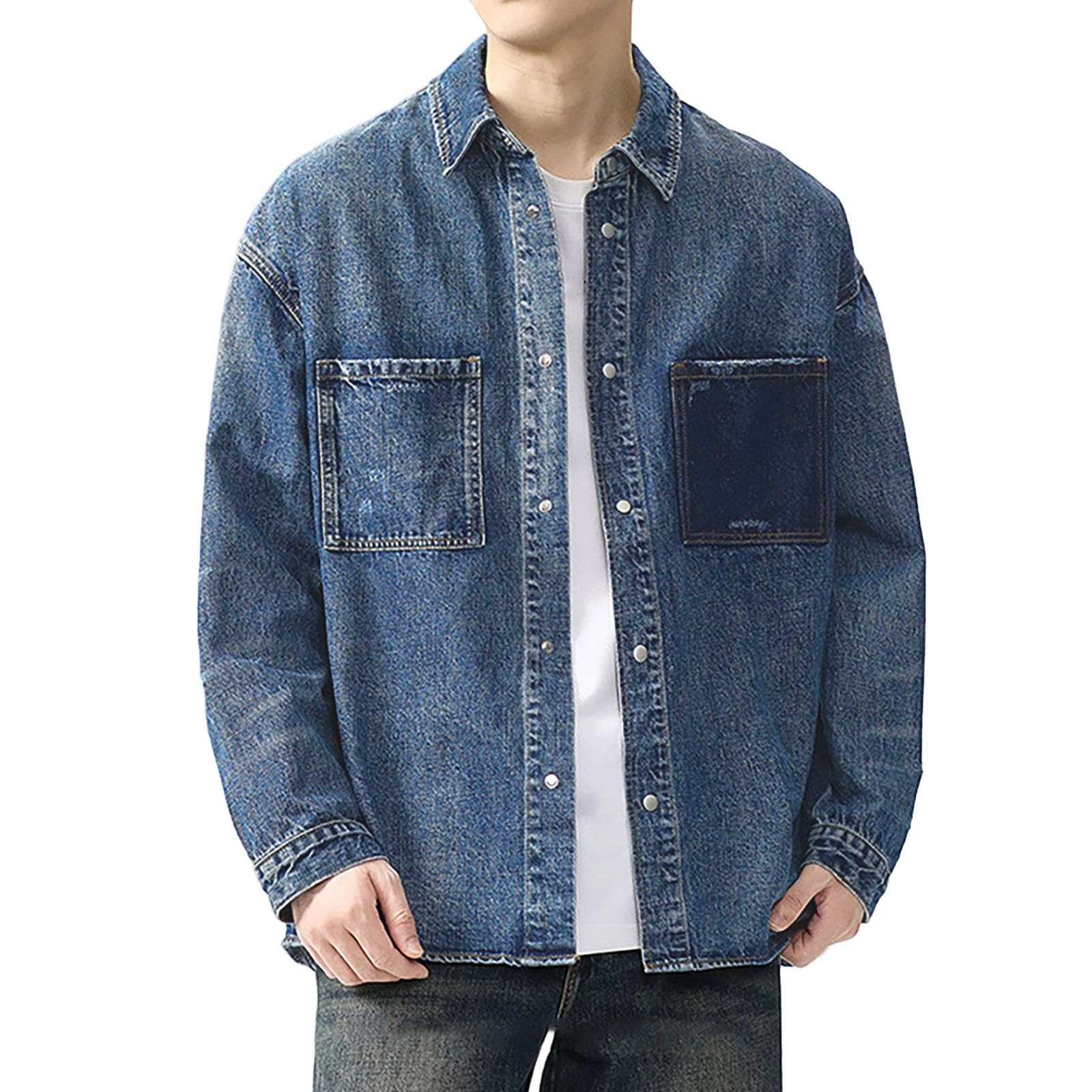 Camicia in jeans da uomo e da uomo, in jacquard, con bottoni, in denim, slim fit, da cowboy, vintage, con colletto rovesciato, per il tempo libero
