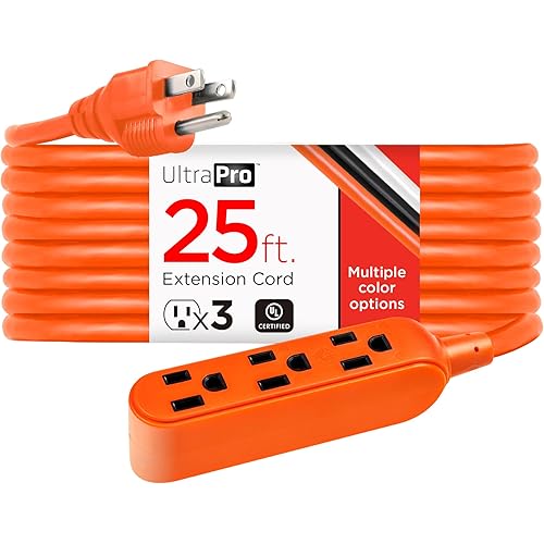 UltraPro 25 Ft Indoor Extension Cord 3 Outlet Extension Cords Outlet Power Strip Short Extension Cord with Multiple Outlets Grounded Heavy Duty Extension Cord 16 Gauge UL Listed Orange 51924