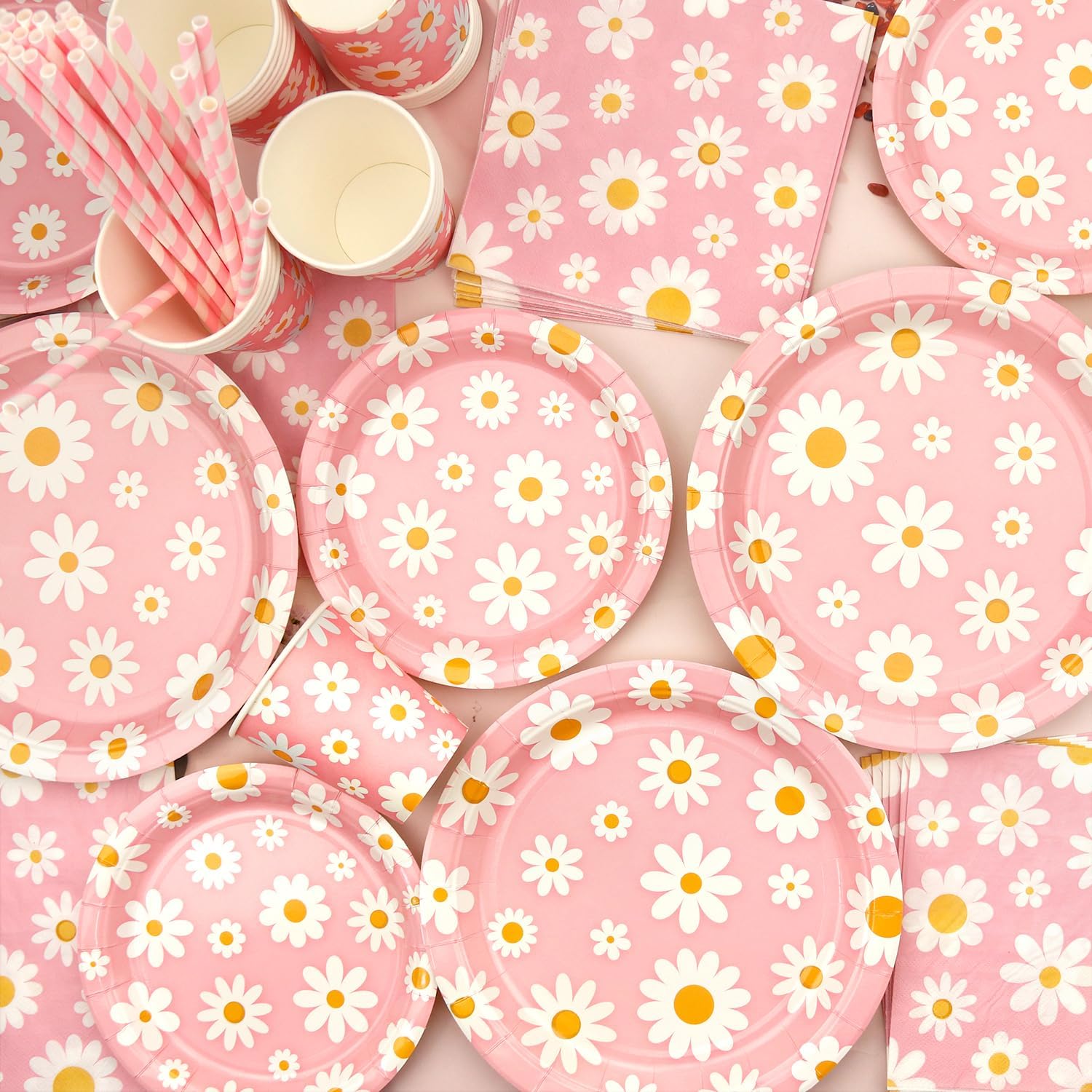 KEFAN Pink Daisy Birthday Party Decorations, Daisy Theme Party Tableware Supplies including Plates, Cups, Napkins, Tablecloth (40) - Image 5