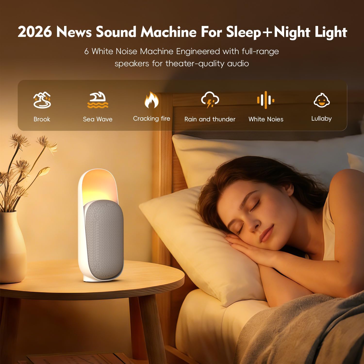 Sound Machine Night Light White Noise Machine with BT Speaker,6 Soothing Sounds,White Noise Sound Machine with Convenient Timer Options,for Baby Kids Adult Home Office Travel