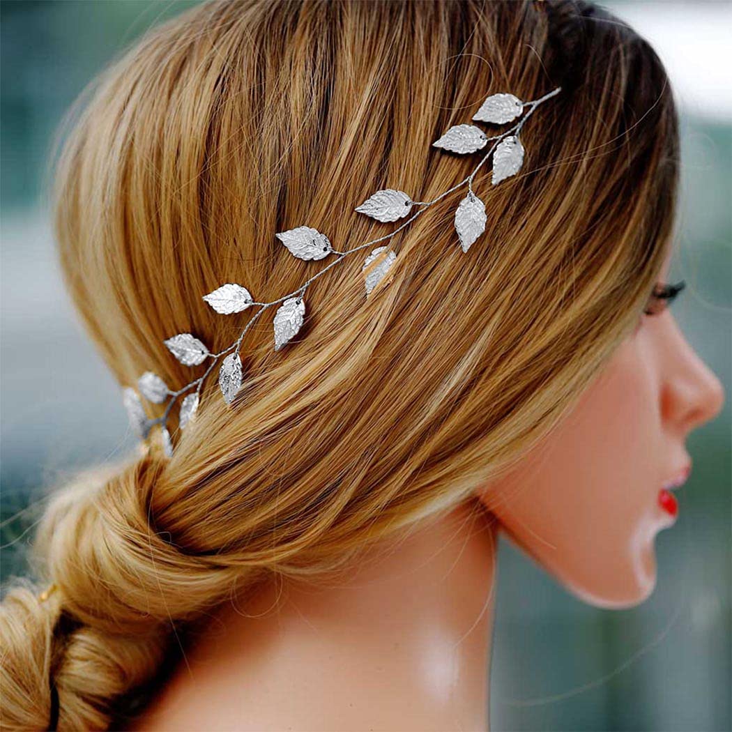 Yean Hochzeits-Stirnband, Blattgold, Brautschmuck, für Brautjungfer und Blumenmädchen (39 cm) (Silber)