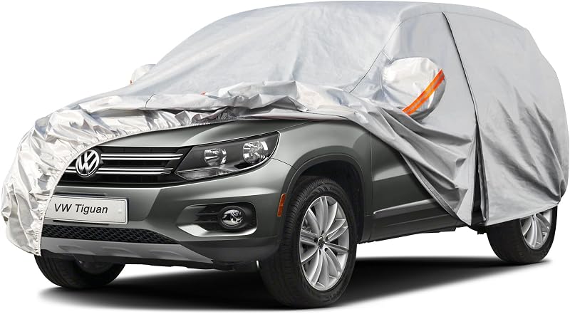 Kayme Funda Coche Exterior, Compatibles con Volkswagen Tiguan (2007-2025), Cubierta para Coche Impermeable Transpirable Anti-UV Antipolvo de 6 Capas, Cubre Coche con Cremallera y Forro de Algodón.