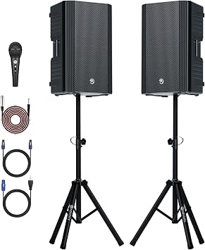 NBVOICE Dual 12 Inch 300W RMS Active Passive PA Speaker System, Portable Bluetooth DJ Party Speaker with 35mm Titanium Tweeter, Built-in DSP EQ, Wired Microphone & Speaker Stands