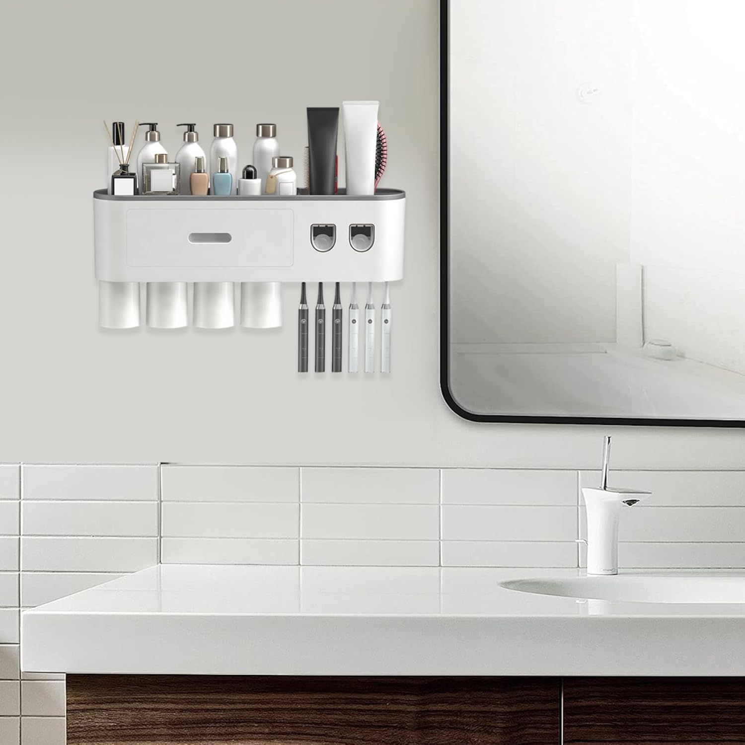 Automatic Toothpaste Dispenser with 4 Cups, Toothbrush Holder, Drill-Free Bathroom Organizer, Gray ABS Storage Shelf