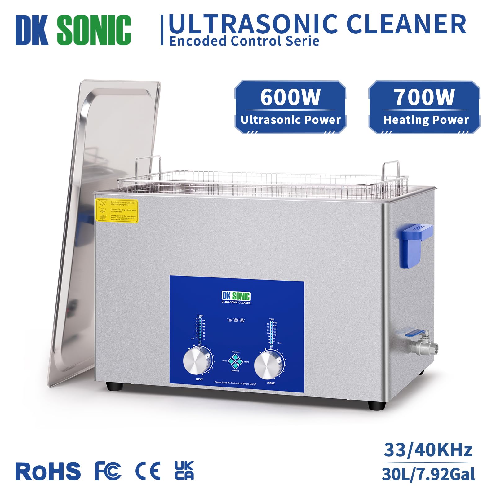 DK SONIC Industrial Ultrasonic Cleaner 30L Stainless Steel, 600W Commercial Sonic Cleaner with Encoded Timer,Heater&Basket, Multiple Functions for Carburetors, Motorcycle Engines, Carburetors, Chains