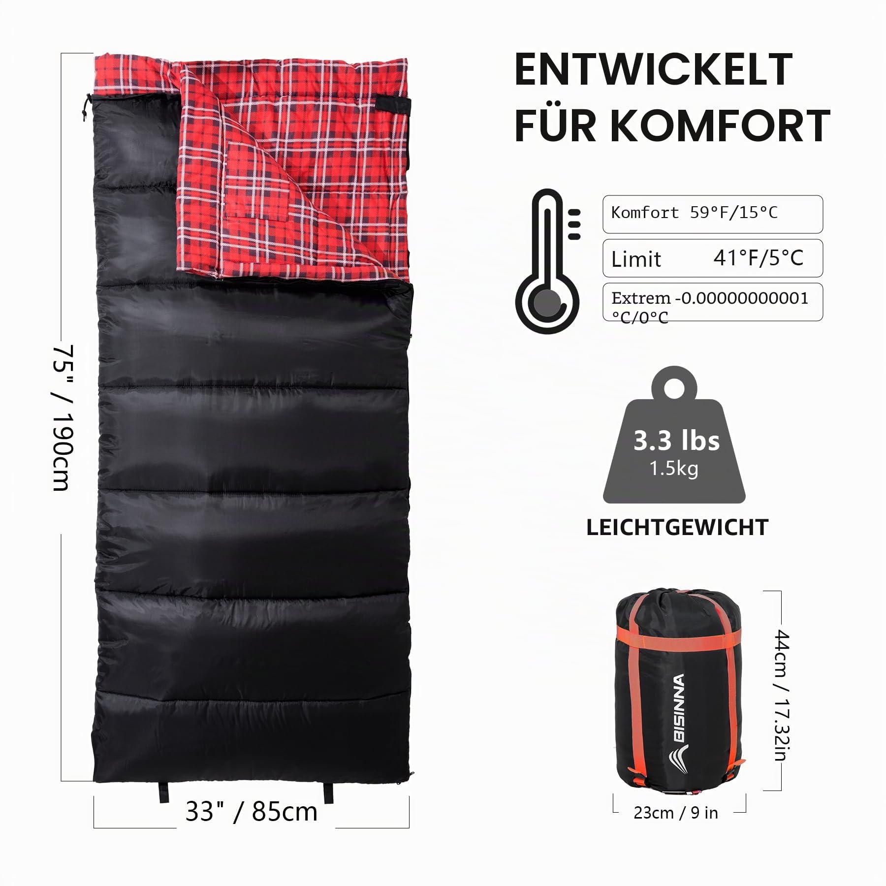 BISINNA XL Baumwoll Flanell-Schlafsack für Camping, 2-3 Jahreszeiten, Erwachsenen-Schlafsack für Wandern, Camping, Innen- und Außenbereich, mit Kompressionsack