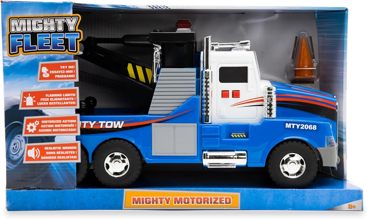 Mighty Fleet Mighty Motorized Tow Truck Toy – 15" Vehicle with Lights, Sounds, Working Winch & Traffic Cones – Batteries Included – Ages 3+