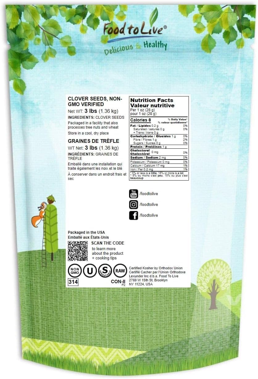Food to Live - Clover Seeds for Sprouting, 3 Pounds Pure, Vegan, Kosher, Bulk. Edible Seeds. Rich in Vitamin C. High Germitation Rate. Grow Sprouts, and Microgreens.