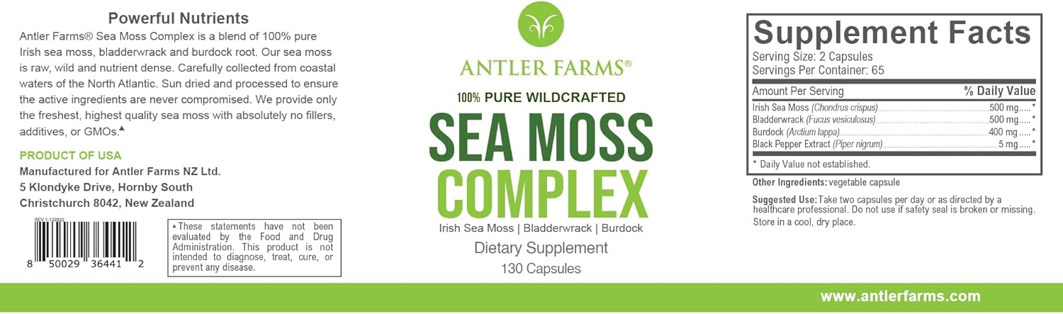 Antler Farms – 100% Pure Sea Moss Complex, 130 Capsules, Wildcrafted Irish Sea Moss, Bladderwrack, and Burdock Root – A Potent Blend for Wellness, Vegan-Friendly, Gluten, Soy, and Dairy Free - Image 2