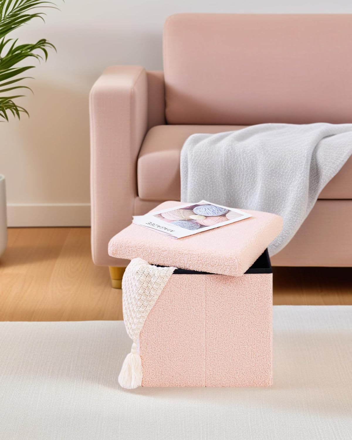 Square Ottoman with Storage, Small Sherpa Storage Ottoman Cube, Boucle Folding Foot Rest for Dorm, Living Room, Bedroom, Pink, 15"x15"x15"
