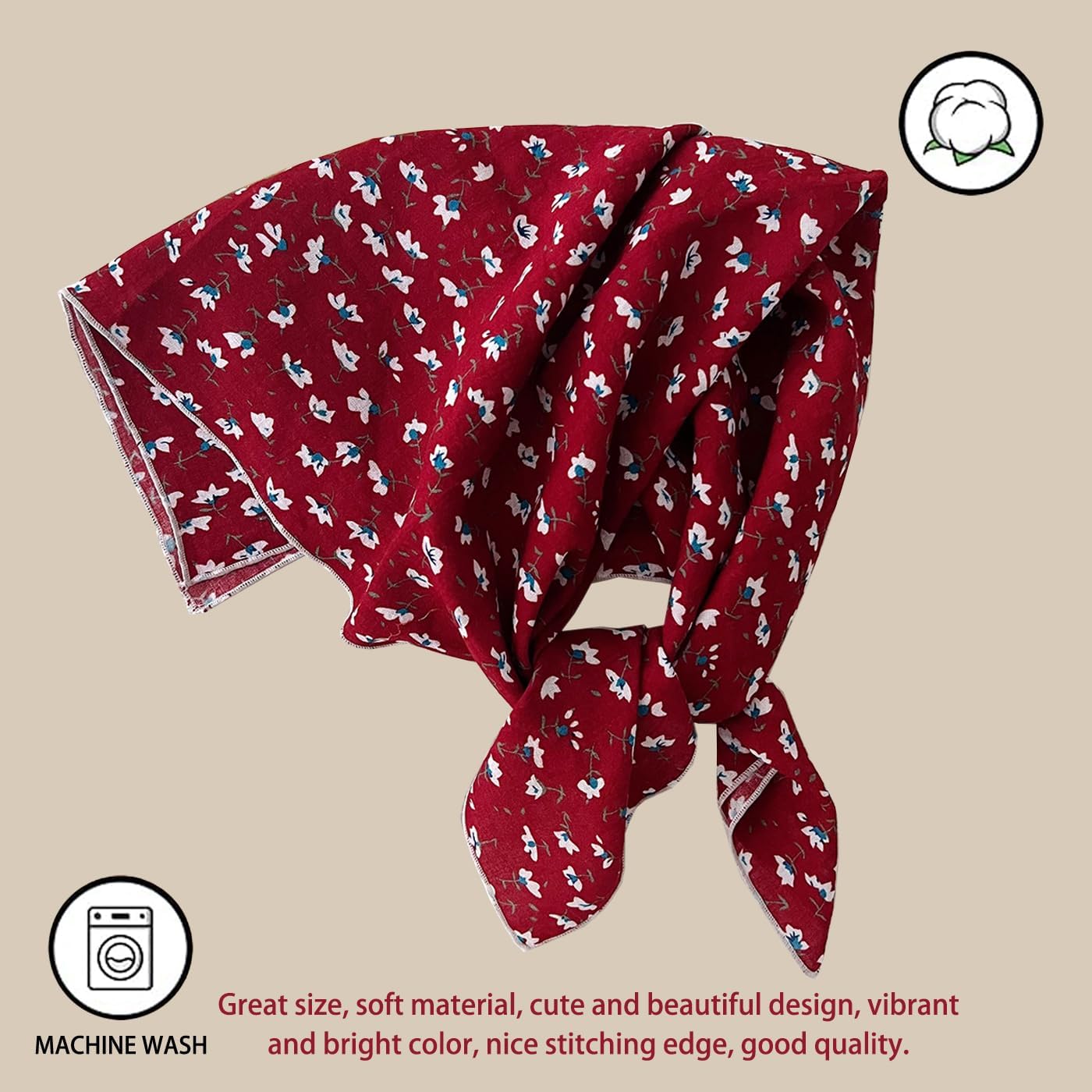 Cotton-Blend Bandana, Head Scarf, Headband, Head wrap, Hair Neck Scarf for Women 22 x 22 inch - Image 2