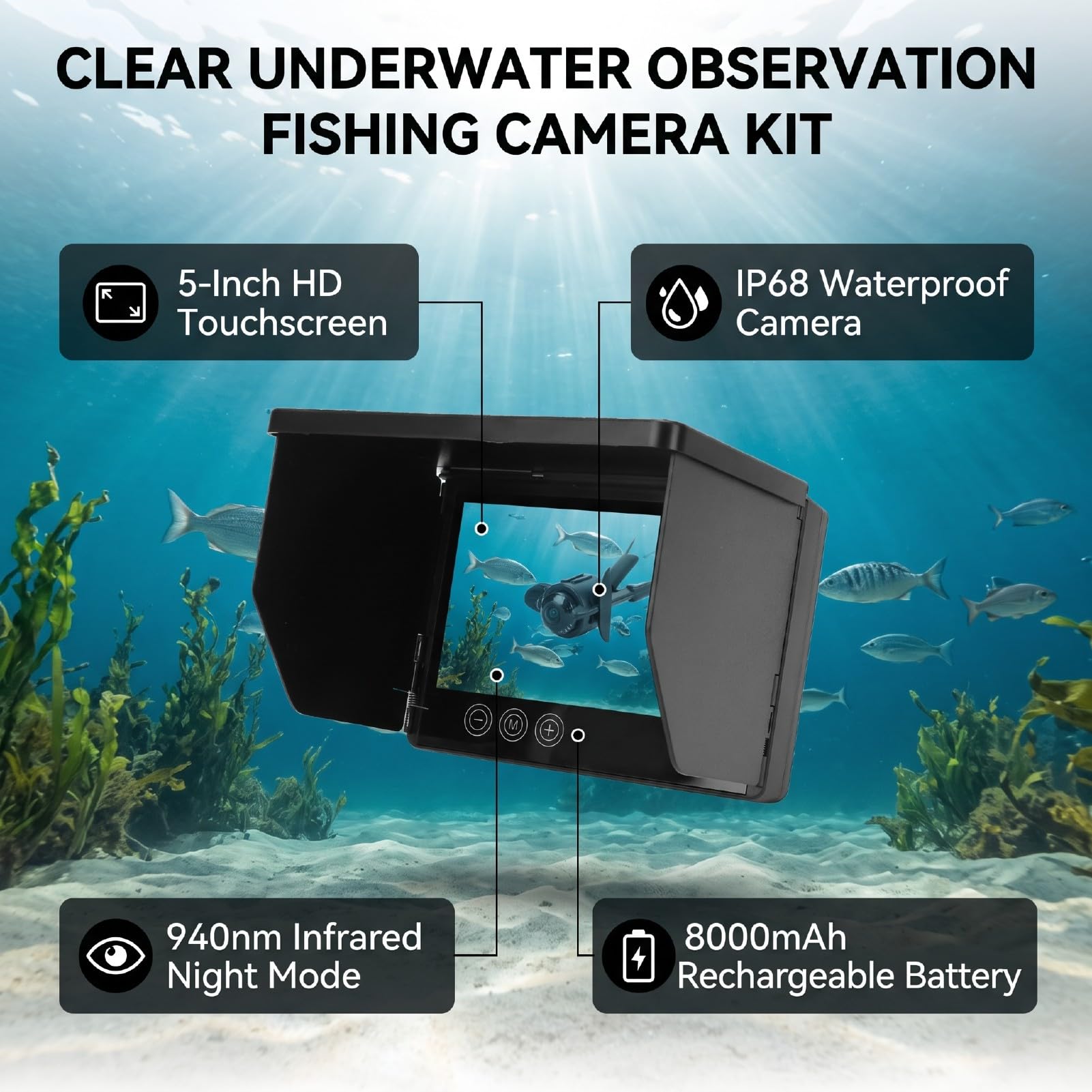 ASHATA Cámara de Pesca Submarina 8000mAh IP68 Pantalla Táctil de 5 Pulgadas