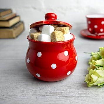 City to Cottage Ceramic Sugar Bowl with Lid, 10oz Sugar Contanier for Coffee Bar, Sugar Dispenser Bowl, Salt - Condiment Pot for Kitchen Counter, Handcrafted Red Polka Dot Sugar Jar