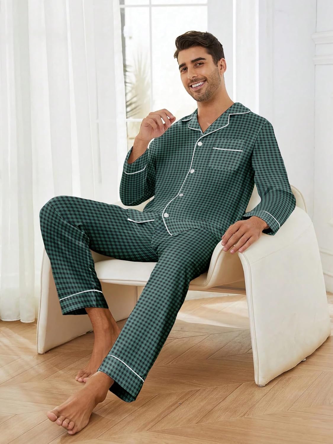 Mens Cotton Pajama Set, Long Sleeve Button Down Pajama Set for Men Plaid Men's Sleepwear - Image 2