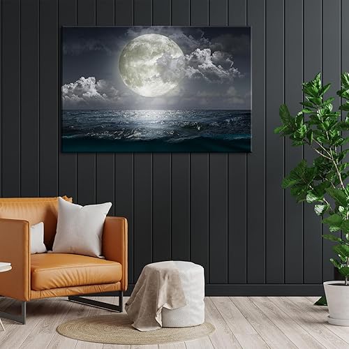 Miniatura 2 de BANHUA1 Lienzo decorativo para pared, diseño de luna llena de mar, impresiones sobre lienzo con diseño de luna y océano, arte de pared, arte