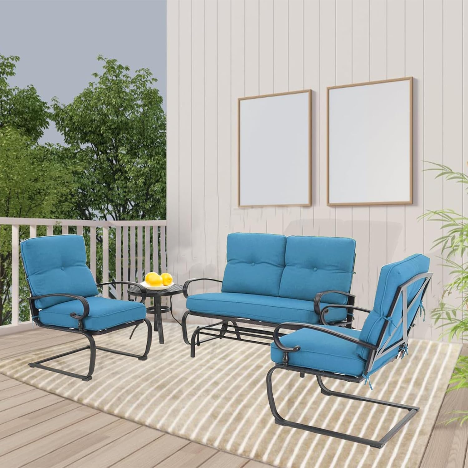 SOLAURA 4-Piece Outdoor Furniture Patio Conversation Sets Swing Glider Loveseat and Spring Lounge Chairs with Side Table for Garden, Deck, Balcony, Poolside, Lawns (Peacock Blue)