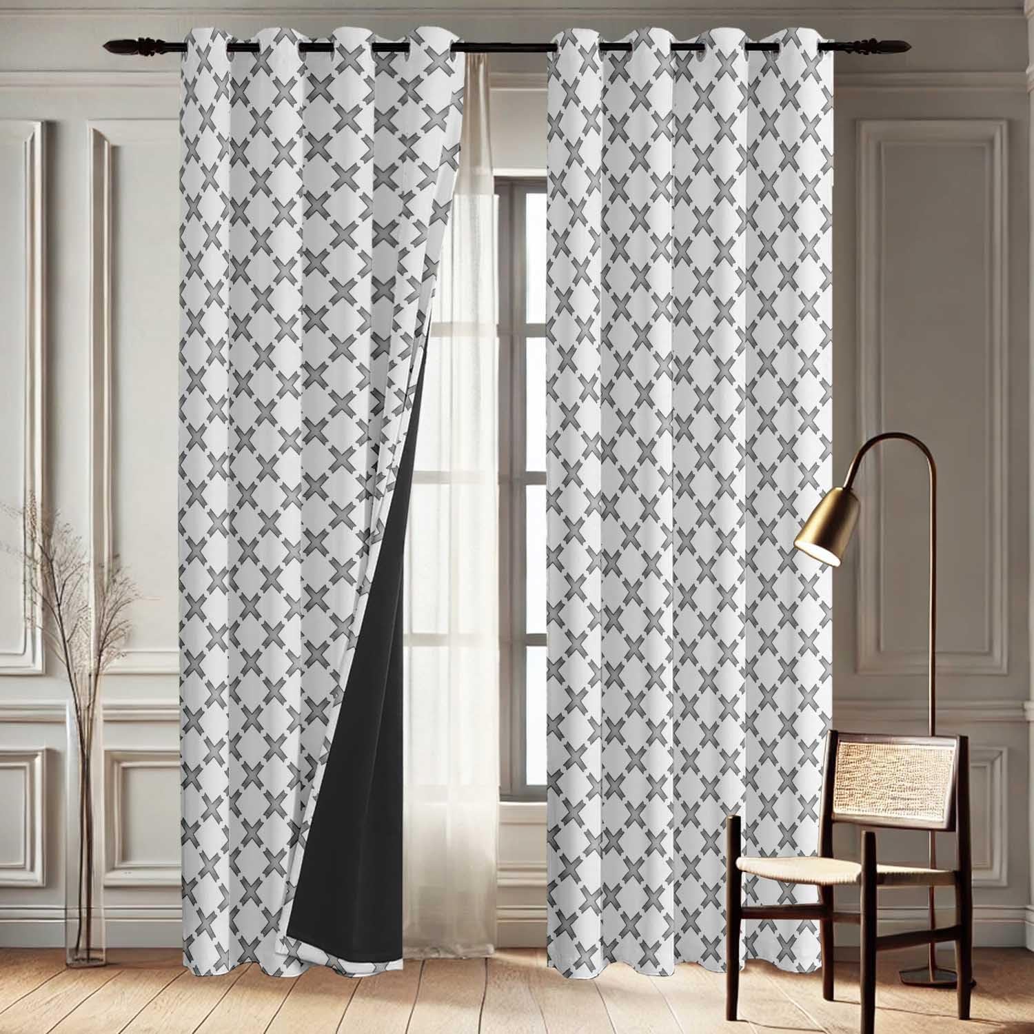Elegant Cross Grid Pattern Curtains - Set of 2 Blackout Panels, 42 x 63 Inches - Noise Reducing & Energy-Efficient Room Darkening Window/Door Drapes for Modern Home Decor - White
