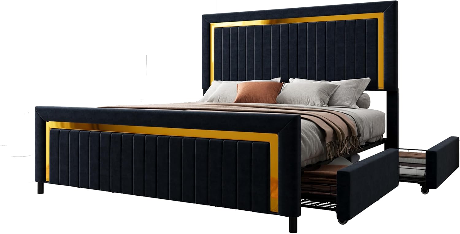 Jocisland Queen Size Upholstered LED Bed Frame with 4 Storage Drawers, Velvet Platform Bedframe with Channel Tufted Adjustable Headboard, Wooden Slats Support, No Box Spring Needed, Black