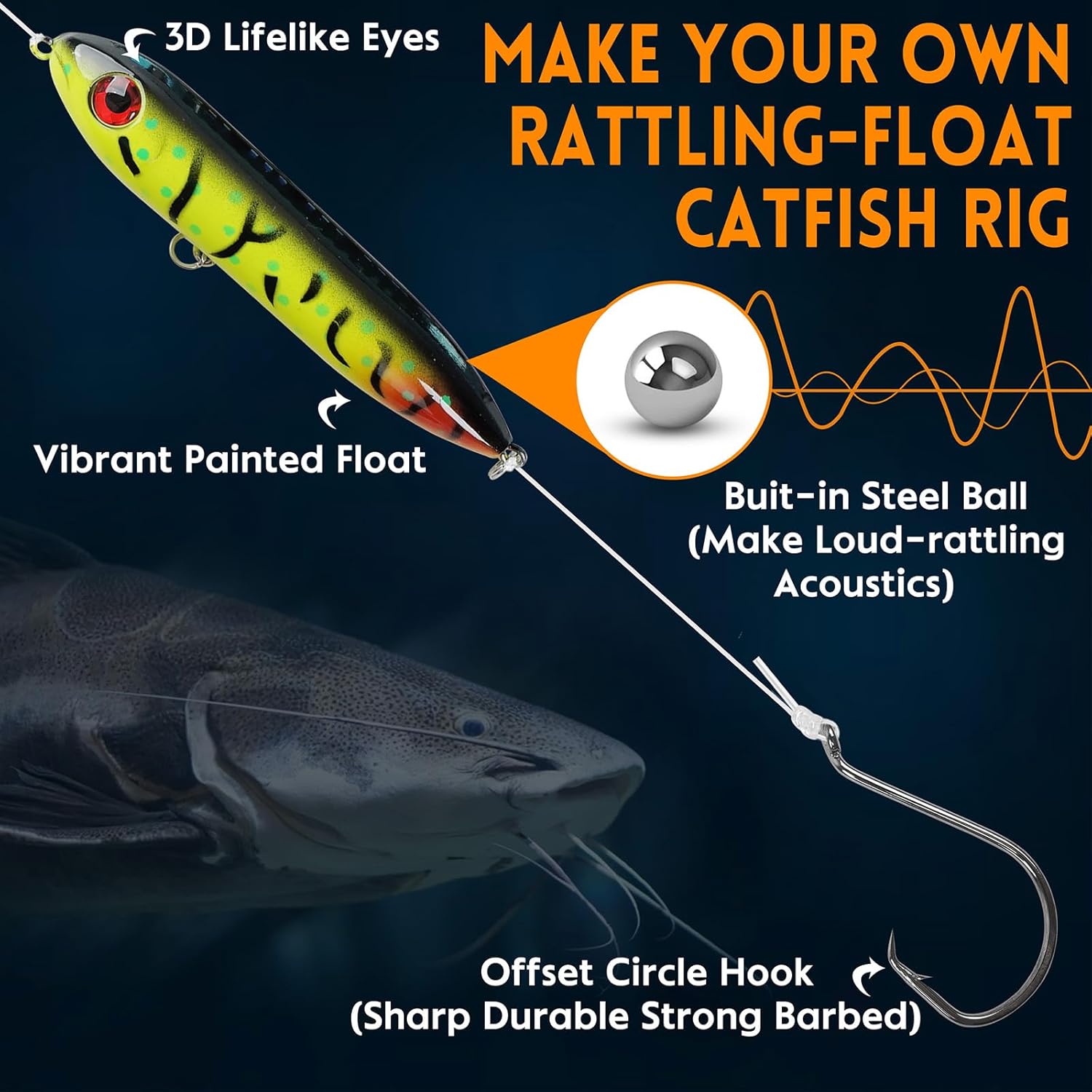 Catfish Rig Catfishing Tackle Making Kit Santee Cooper Rig with Catfish Floats Rattling Line Float Lures Peg Float Bobbers Catfish Hooks Swivels Catfish Sinker Weights Fishing Rattle Bells