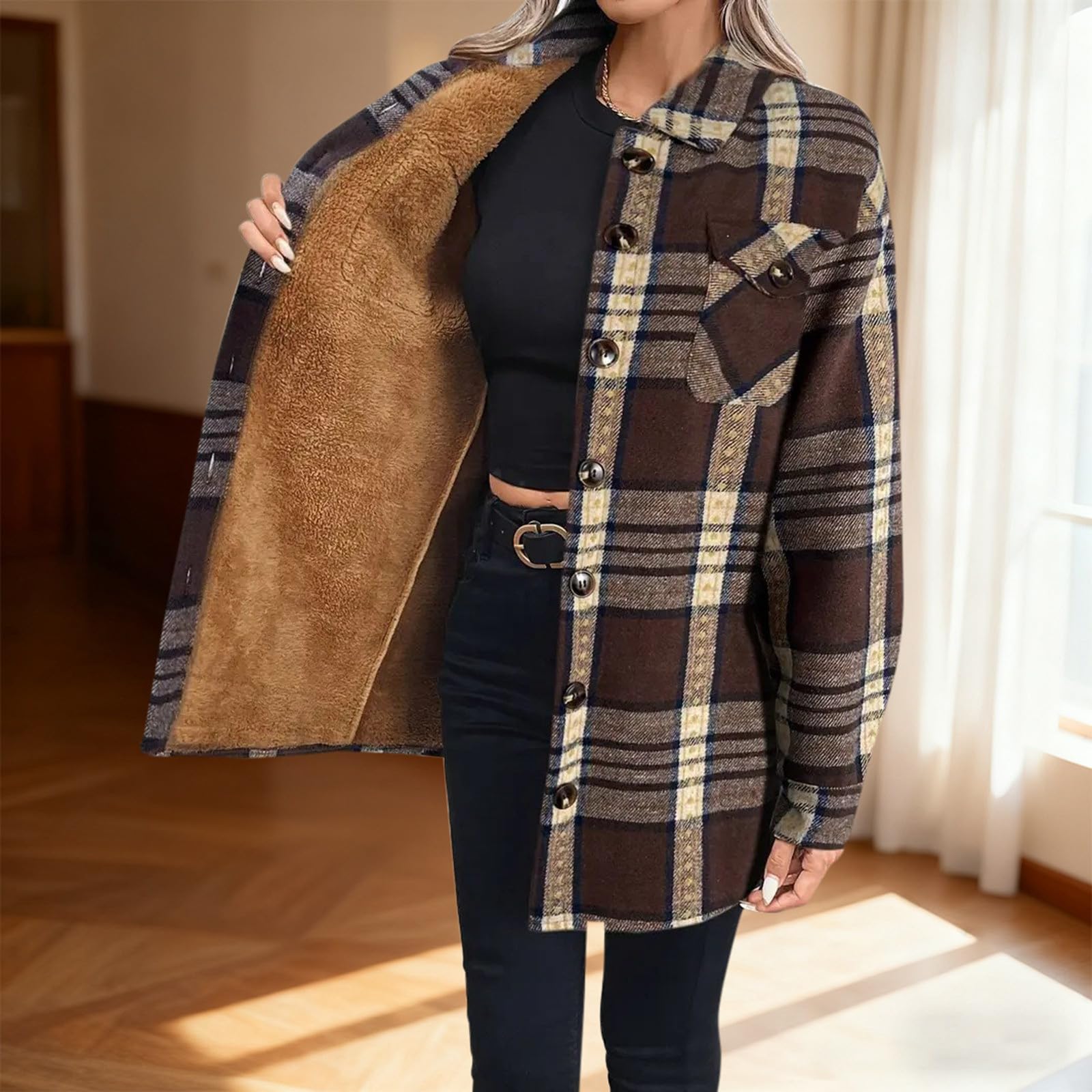 Genérico Chaqueta Polar A Cuadros Para Mujer Elegante Abrigo De Mujer Con Cuello De Solapa Retro Chic CáRdigan VersáTilcóModocáLido Y Holgado Para OtoñO E Invierno Básica