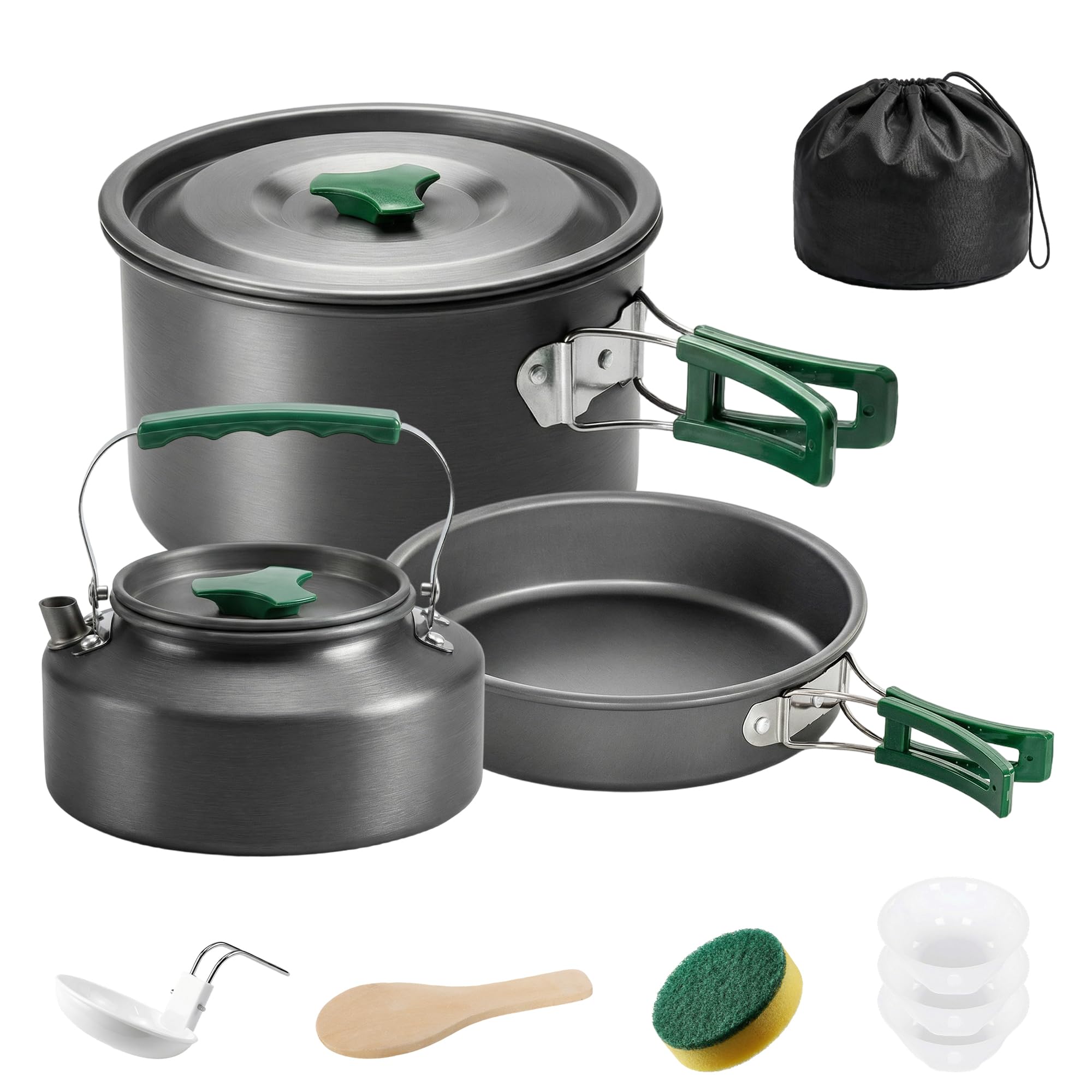 Outsunny Camping Cookware Set for 2-3 People, Ultralight Aluminium Camping Cooking Kit with Anti-Scald Handles, Compact Pots and Pans with Kettle for Backpacking and Hiking, Grey