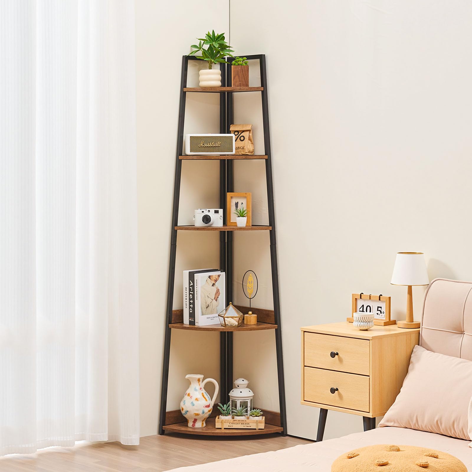 VEVOR Étagère d'angle à 5 Niveaux, bibliothèque du Coin, Hauteur 178 cm, Meuble de Rangement Mural avec Cadre en métal et étagères en Bois, Porte-Plantes étroite, pour Chambre, Salon, Bureau, Cuisine