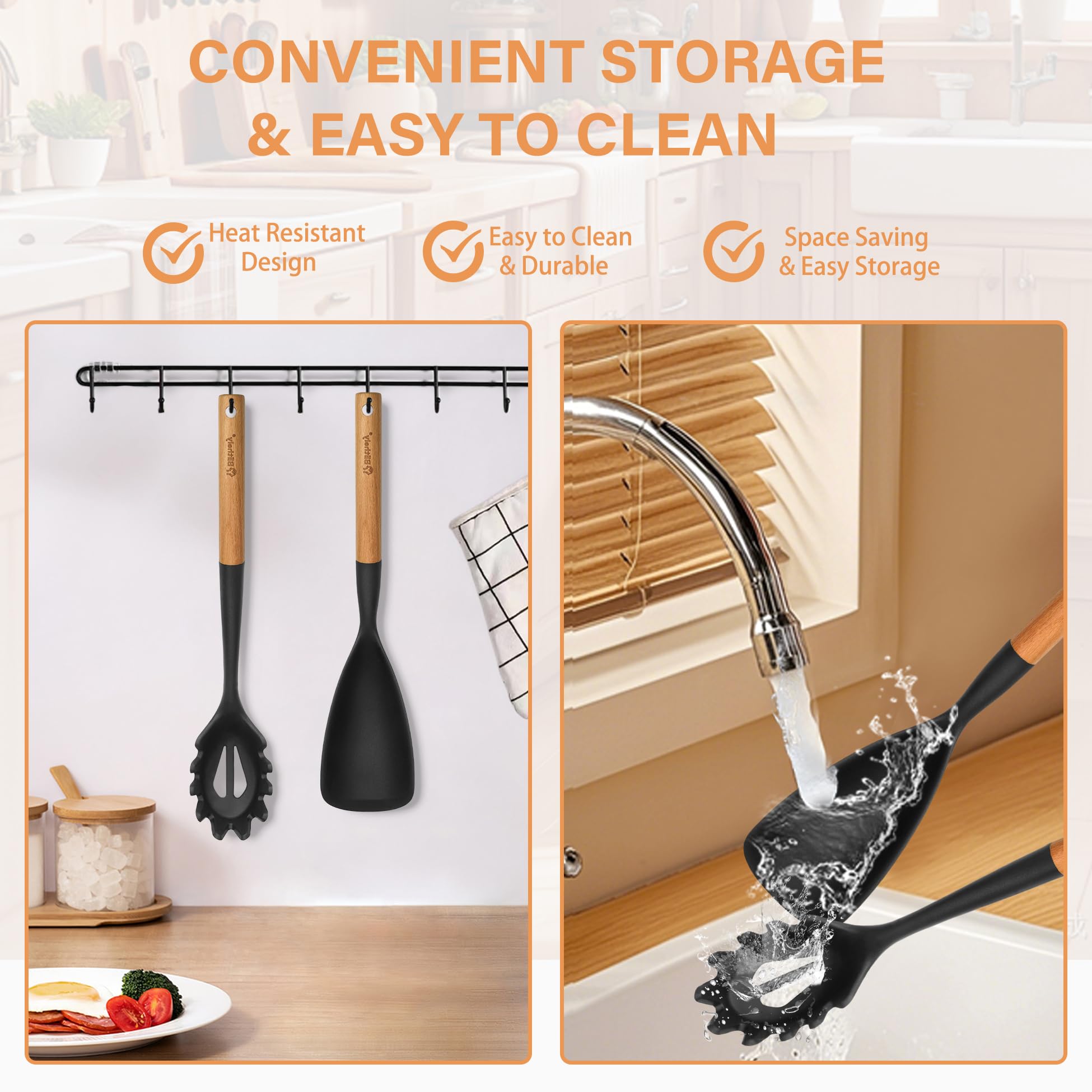 Silikon-Kochlöffel und Pastagabel-Set, 2 Stück, große Spatel, Löffel-Set mit Holzgriff, Antihaft-Multifunktionslöffel zum Kochen, Servieren, Mischen und Spaghetti (schwarz)