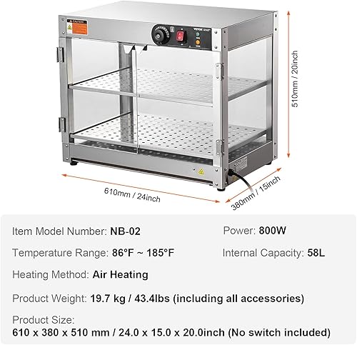 Miniatura 7 de VEVOR Pantalla de calentador de alimentos comercial de 2 niveles, calentador de alimentos de 800 W con luz para mejorar la pantalla de alimentos,