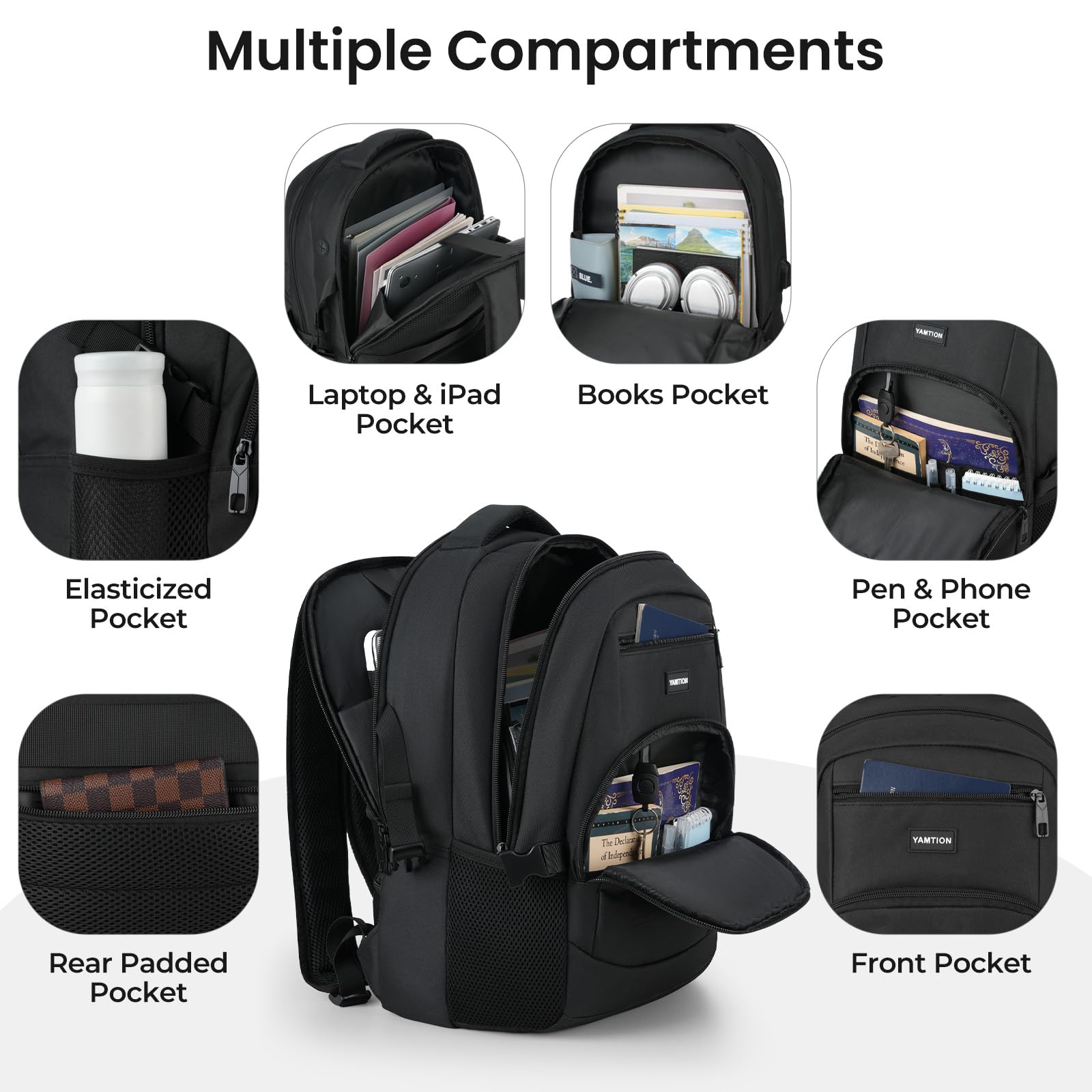 YAMTION Zaino nero per uomini e donne, zaino per computer portatile con porta di ricarica USB, zaino per la scuola per ragazzi e ragazze, zaino leggero per libri da lavoro, adatto per notebook da 17,3