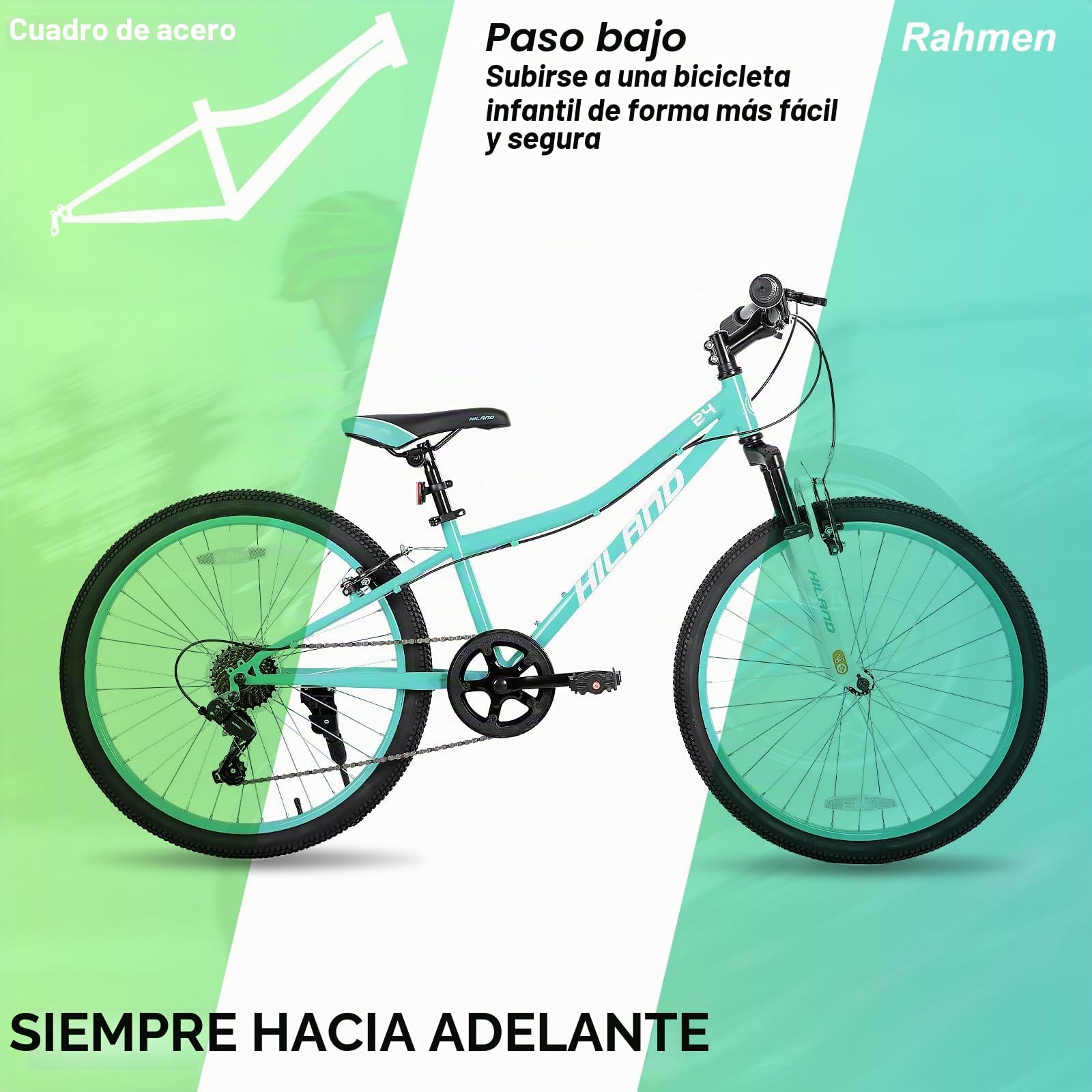 HILAND Climber Bicicleta Infantil de 24 Pulgadas, 7 Velocidades, Freno en V, Bicicleta de Montaña para Niños y Jóvenes con Horquilla de Suspensión，Azul/Verde Menta/Rosa/Negro