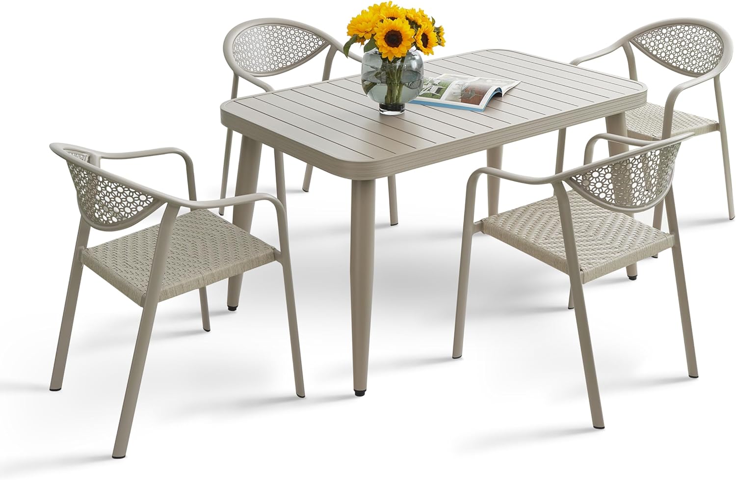 Outdoor 5 Piece Patio Dining Sets,Rust-Proof Patio Table and Chairs，Outdoor Aluminum Furniture Set for 4,for Deck Garden Backyard Poolside. (5PCS— L51.2“ Table—Rattan seat Chair)