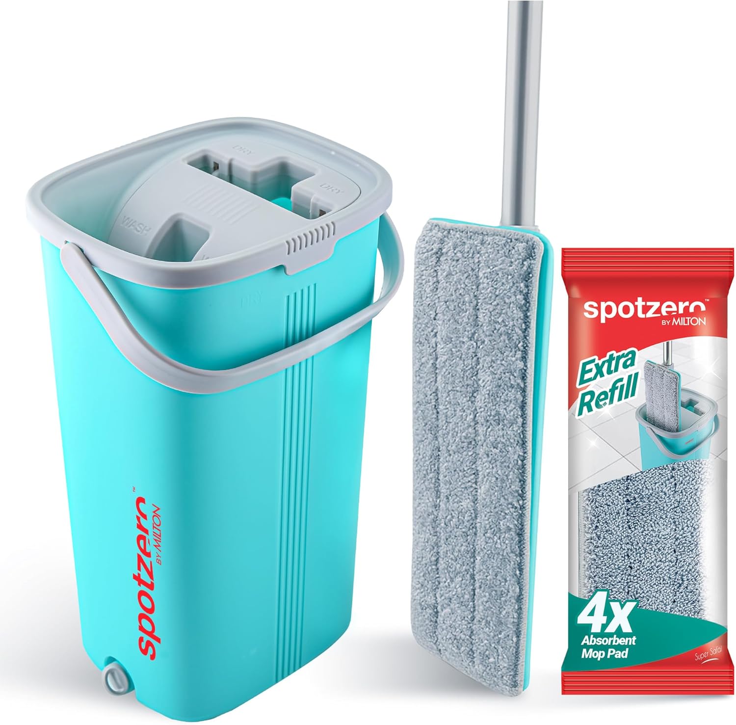 Spotzero by Milton Flat Mop and Bucket with Wringer Set, 5L – 360° Spin Mop for Floor and Wall Cleaning, Adjustable Handle, Easy Wring System, Includes 2 Reusable Microfiber Pads