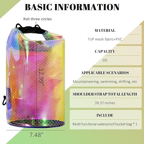 Miniatura 6 de Bolsa de cubo impermeable de 10 L iridiscente con parte superior enrollable, mochila portátil de almacenamiento en seco para natación, barco, kayak,