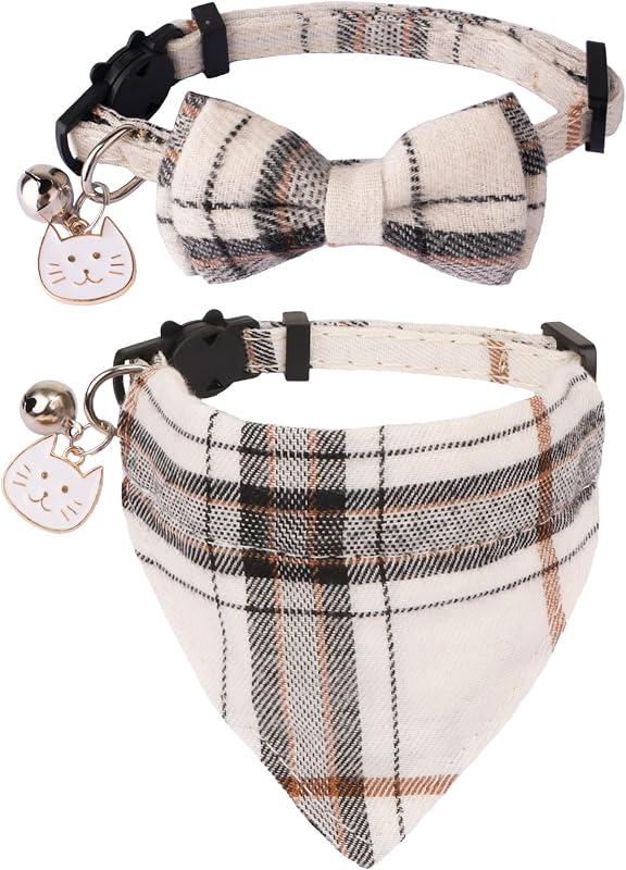 Coleira para Gatos com Bandana Xadrez, Laço Removível e Fecho Breakaway ADOGGYGO — Pacote com 2