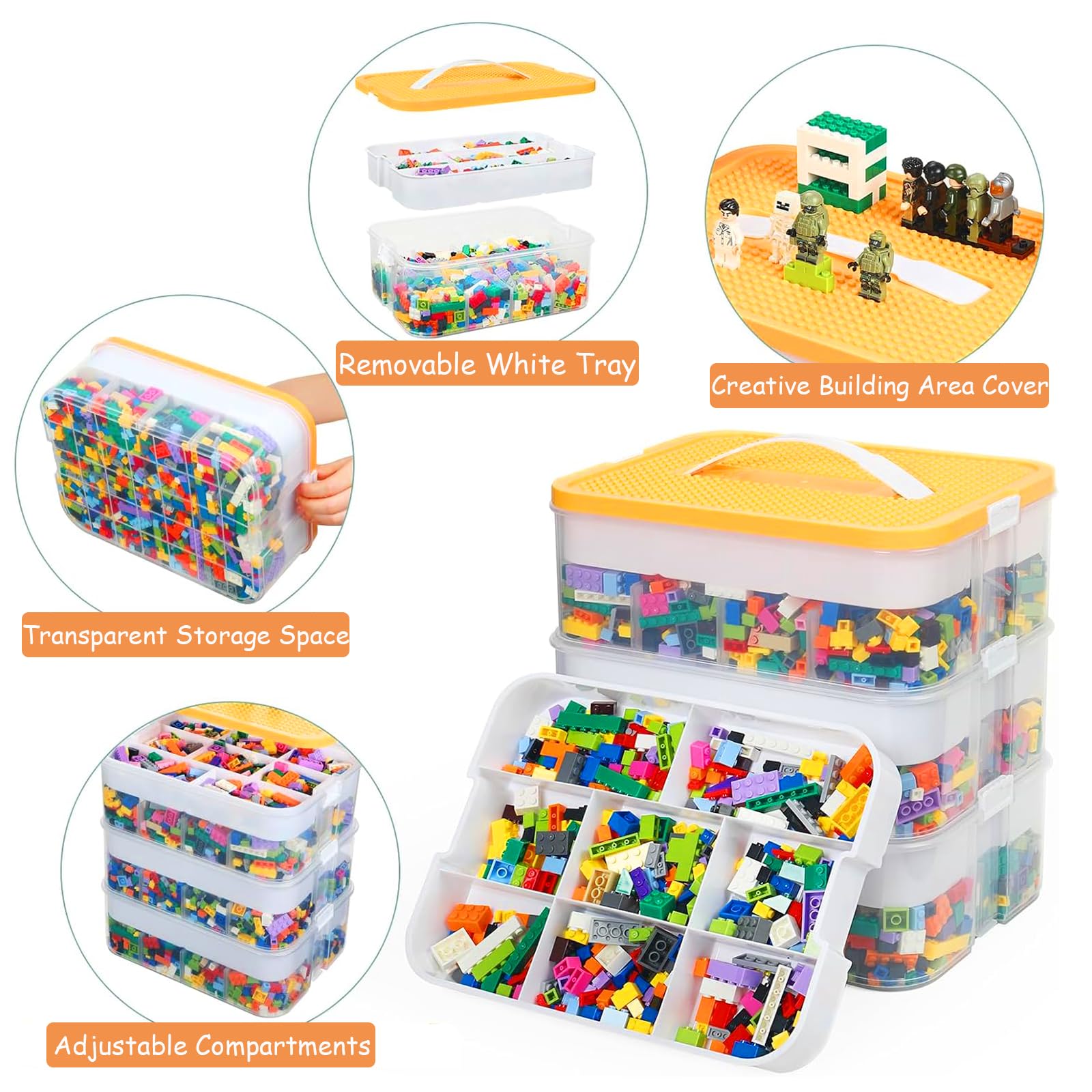 Scatole portaoggetti con coperchio, 3 livelli, trasparenti, 30,5 x 20 x 32,5 cm, scatole impilabili per mattoncini e puzzle