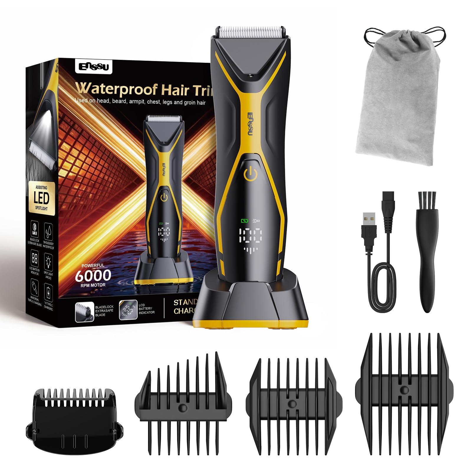 Intimrasierer Mann, IPX7 Wasserdichte Körperrasierer Herren Trimmer Body Elektrorasierer w/Licht, Body Groomer Men Haarschneider Herren Haartrimmer mit Typ-C Aufladen, LCD Display (Schwarz/Gelb)