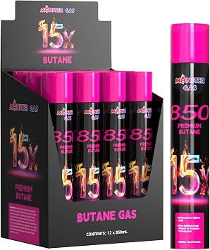 Monster Gas 15x Ultra-Pure Butane Fuel Canisters 850ml28.74 fl.oz, 99.99% Ultra-Pure Refill Gas for Lighters.One Display BoxPack of 12