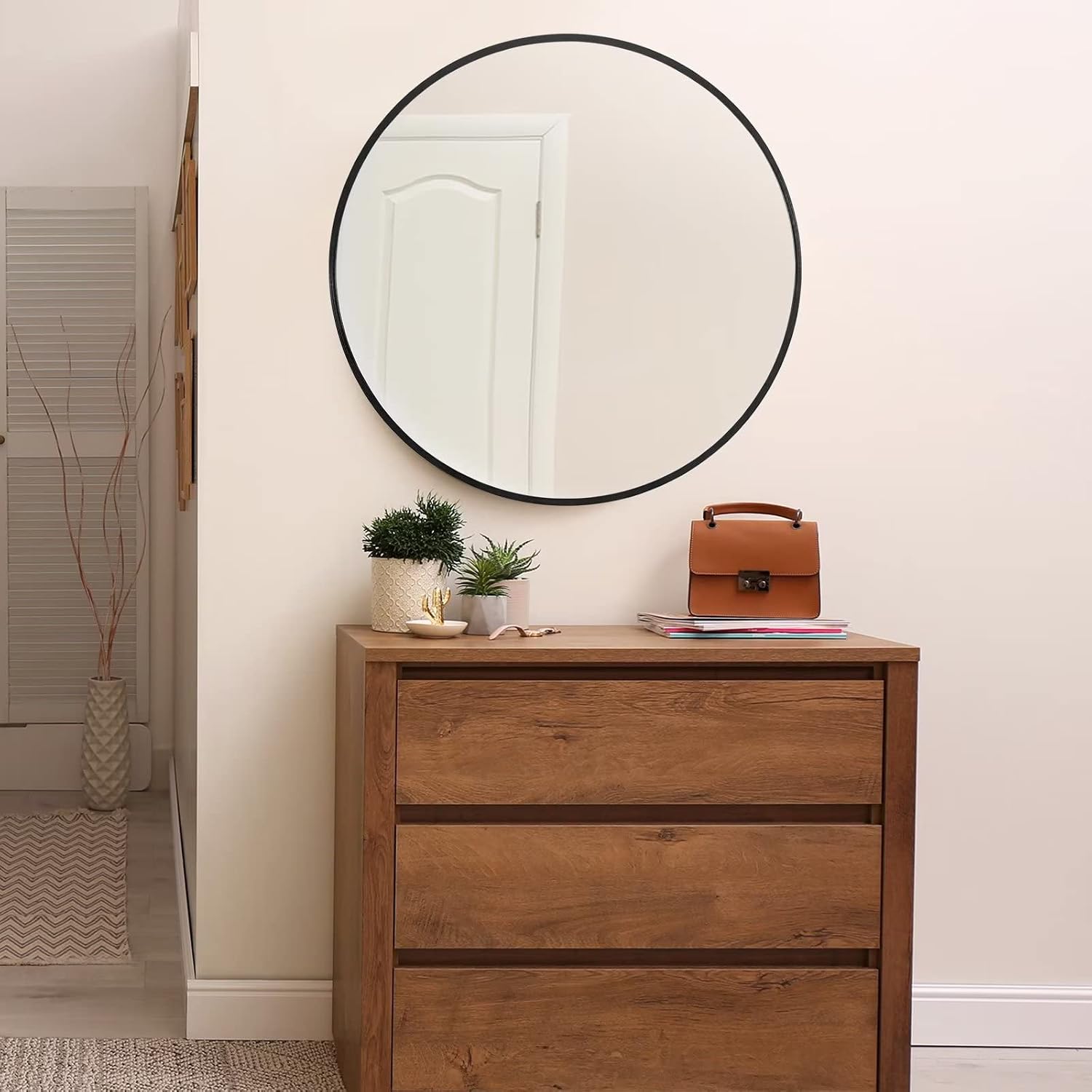 NeuType Round Mirror Circle Mirror 24 Inch Aluminum Alloy Frame Wall Mirror Large Vanity Hanging Decorative Mirrors for Entryway, Bathroom, Bedroom, Living Room, Black