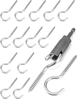 QWORK Screw in Hooks, 15 Pcs 304 Stainless Steel Ceiling Hooks, 1 Pcs 1/4" Hex Shank Wing Nut Driver, Screw Eye Hooks, Lights Hanger Hooks for Plants, Lights, Cups, Mugs