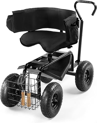 Outvita - Asiento de jardín con ruedas, taburete de jardinería con asiento giratorio ajustable en altura de 360 grados, respaldo ergonómico, bandeja